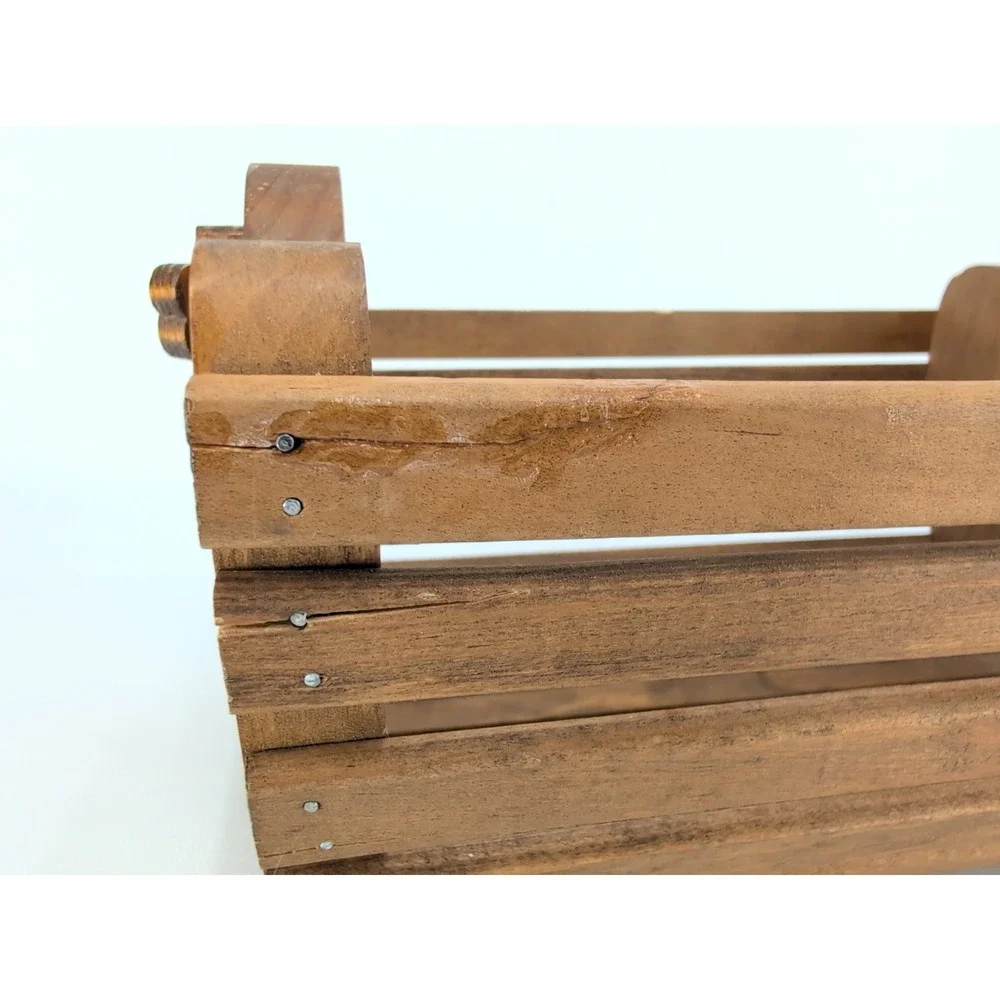 Vintage Wooden Slat Basket Brown Handcrafted Bow Detail